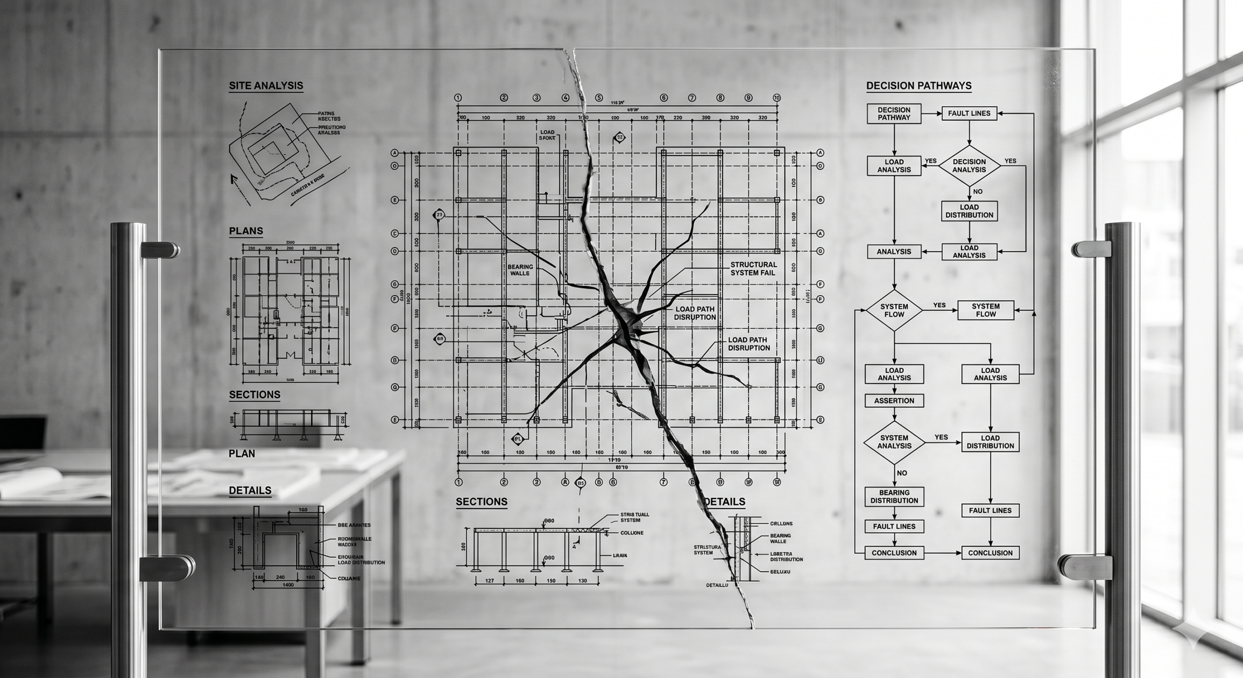 Riss in einer Glasfläche mit Entscheidungsdiagramm als Symbol für verdeckte strategische Fehlannahmen