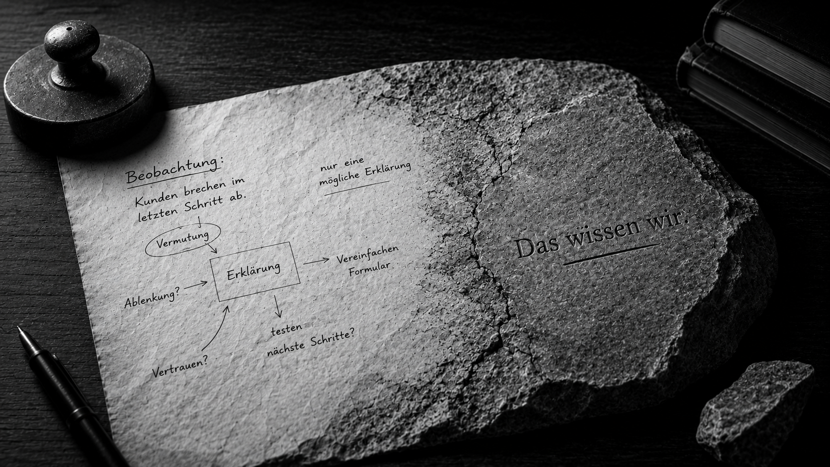 Handschriftliche Beobachtungen auf einem Blatt, das sich langsam in Stein verwandelt - als Symbol für Erklärungen, die zu Gewissheiten werden.