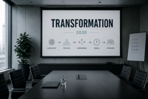 Leerer Meetingraum mit Präsentationsfolie zum Thema Transformation als Symbol für unklare Veränderungsrhetorik und Anpassungsdruck in Unternehmen