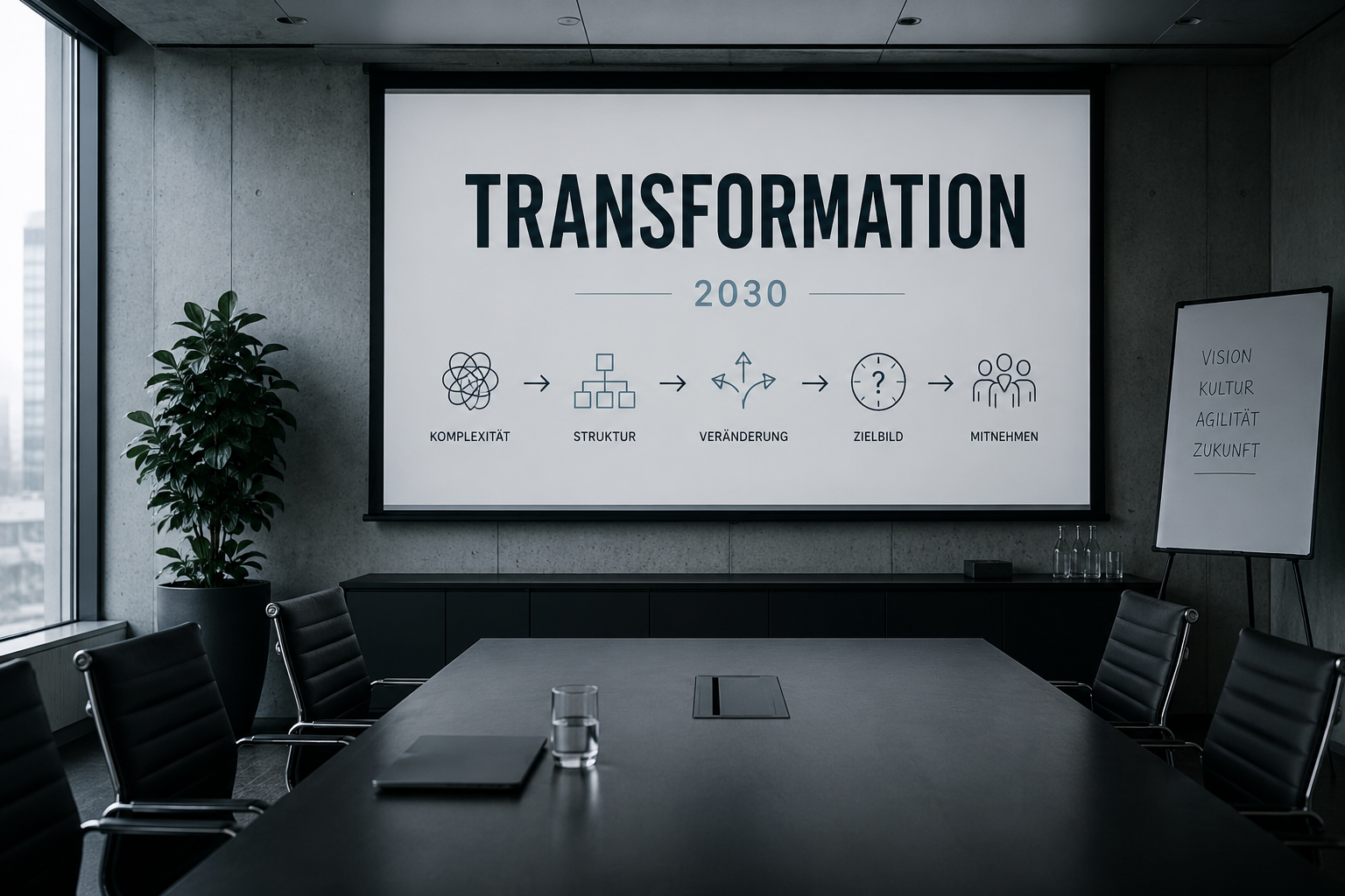 Leerer Meetingraum mit Präsentationsfolie zum Thema Transformation als Symbol für unklare Veränderungsrhetorik und Anpassungsdruck in Unternehmen
