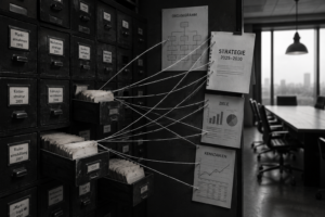 Schwarz-weisses Archiv als Symbol für organisatorische Gewissheiten und alte Annahmen in Unternehmen