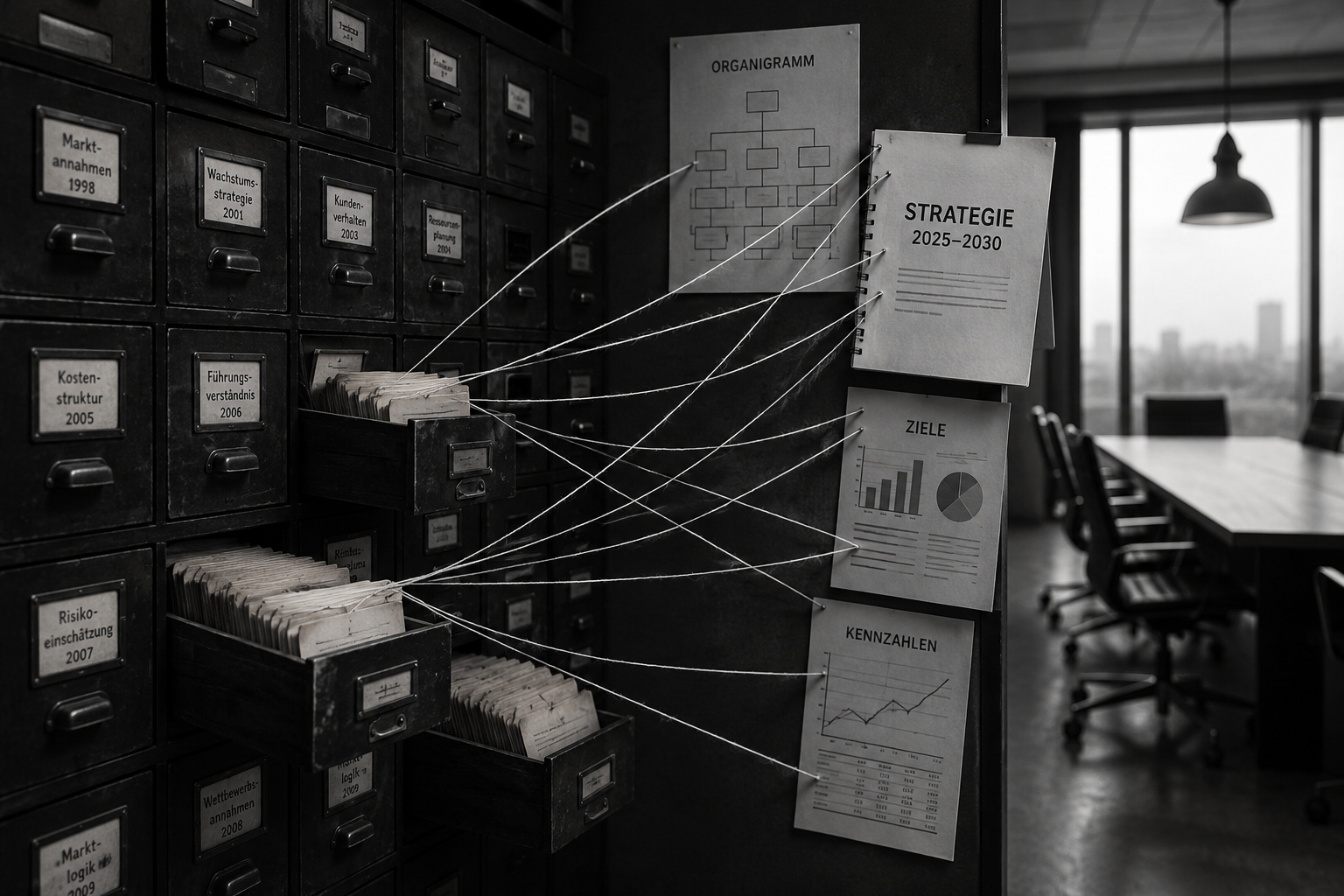 Schwarz-weisses Archiv als Symbol für organisatorische Gewissheiten und alte Annahmen in Unternehmen