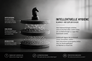 Schwarz-Weiss-Infografik zu intellektueller Hygiene in Unternehmen: Beobachtung, Erklärung und Entscheidung werden als übereinanderliegende Ebenen dargestellt.