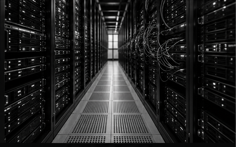 Schwarz-Weiss-Aufnahme eines Serverraums mit Recheninfrastruktur