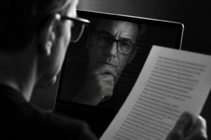 Mann liest einen Text und sieht dabei sein eigenes Spiegelbild auf einem Bildschirm – Symbol für vorschnelle Urteile über KI-generierte Texte.