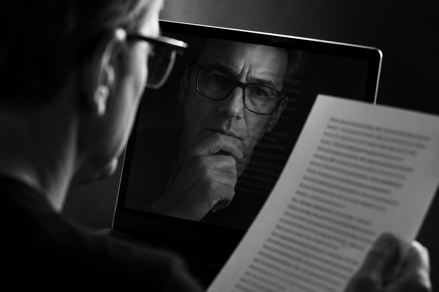 Mann liest einen Text und sieht dabei sein eigenes Spiegelbild auf einem Bildschirm – Symbol für vorschnelle Urteile über KI-generierte Texte.