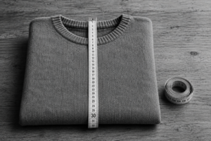 Schwarz-Weiss-Aufnahme eines gefalteten Pullovers, der mit einem Massband auf etwa 30 Zentimeter gemessen wird