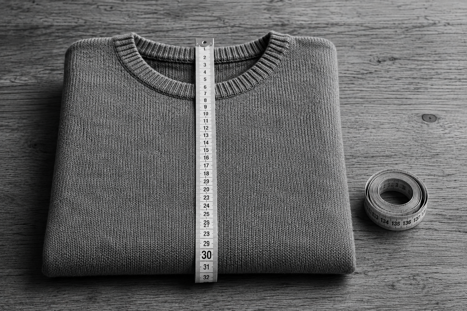 Schwarz-Weiss-Aufnahme eines gefalteten Pullovers, der mit einem Massband auf etwa 30 Zentimeter gemessen wird